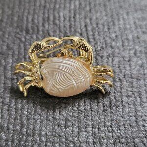 Gold-Tone Crab Brooch With Faux Pearl Shell